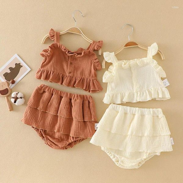 Kleidungssets Sommer Baby Mädchen ärmellose Baumwollgurt Weste Rüschen Shorts 2 Stück Säuglingskleidung