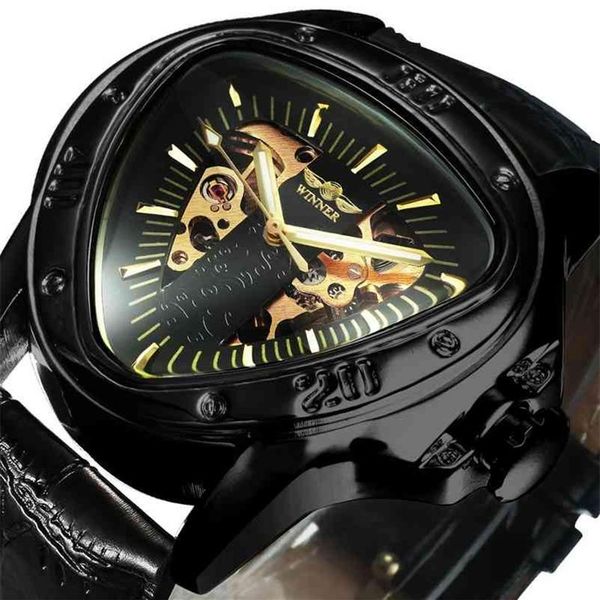 WINNER Offizielle Uhren Herren Automatische mechanische Uhr für Männer Top-Marke Luxus Skelett Dreieck Gold Schwarz 210329304U