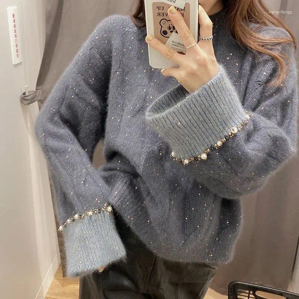 Kadın Sweaters Japon Külot Kazak Kadın Sonbahar/Kış Mizaç Ünlü Ağır Sanayi Boncuklu Yumuşak Ağda Gevşek Örgü Çekme Femme Üst