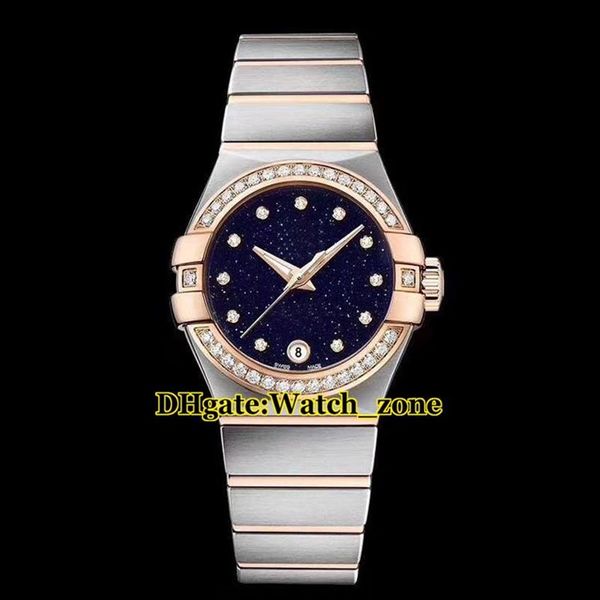27mm sonho azul céu estrelado dial suíço quartzo feminino relógio diamante moldura dois tons rosa ouro banda de aço inoxidável moda senhora watch285z