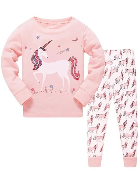 2-teilige Mädchen-Pyjama-Sets mit lässigem Cartoon-Einhorn-Aufdruck, Rundhalsausschnitt, rosa Baumwolle, 231228