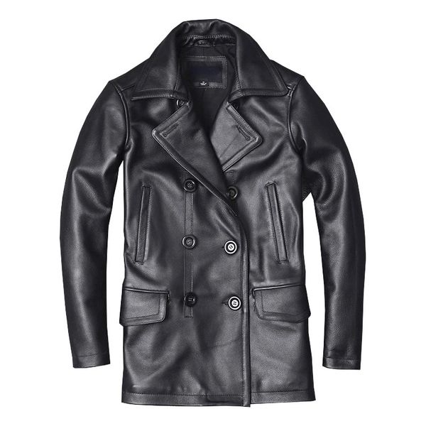 Jaqueta de couro genuíno masculino casaco de couro outono inverno casaco de negócios estilo trincheira roupas de bezerro duplo breasted 231227