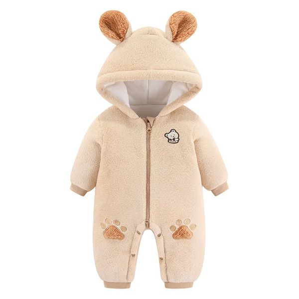 Geborene Kinderbabykleidung Winter Fleece plus dicker Baby Jungen Strampler Langarm mit Kapuzekind Girls Jumpsuit Warm Kids Kostüm 231227