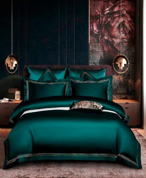 Set copripiumino blu verde intenso ricamato Set biancheria da letto in morbido cotone egiziano premium QueenKing size 4 pezzi 1 lenzuolo 2 federe C4866403