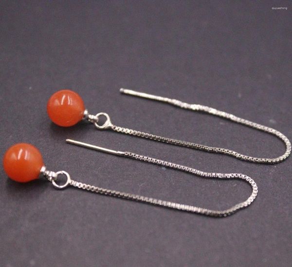 Dangle Ohrringe reines S925 Sterlingsilber für Frauen 7 mm roter Achatball Langer Ohrringlinie 3,74 Zoll Länge