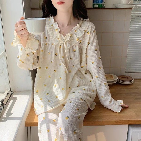 Pijamas femininos tamanho grande outono inverno pijamas mulheres impresso algodão conjunto manga longa v pescoço top nightwear terno pijama pour femme