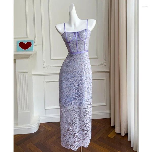 Lässige Kleider Schlupfbänder quadratischer Ausschnitt nackten Rücken -Knöchel Länge Schlanker purple Lace Bodycon Party Kleid