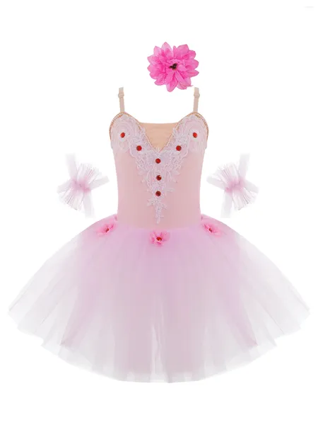 Abbigliamento da palcoscenico Bambina per bambini Fiore in pizzo Lago dei cigni Balletto Vestito da ballo Tutu Body con gonna Costume da ballerina di carnevale con set di fermagli per capelli