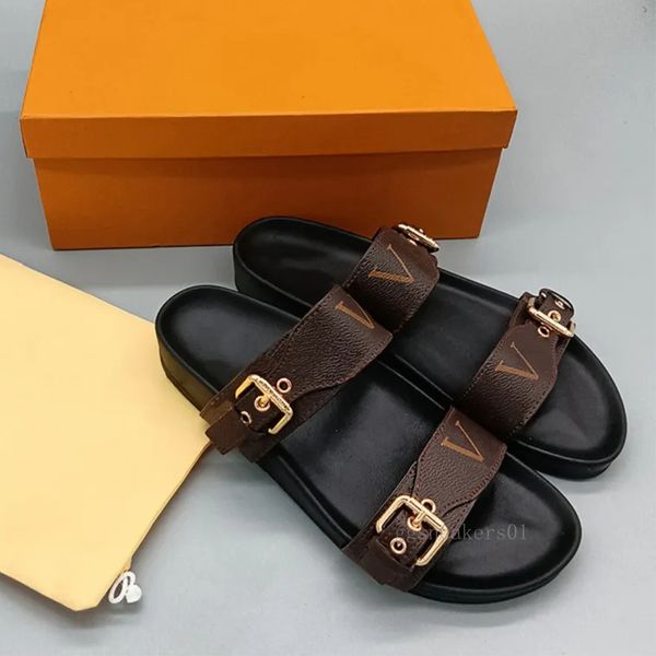 Designer de luxo slides plataforma chinelos bom dia plana conforto mula couro genuíno sandálias femininas fivela flip flops verão praia sapatos c28