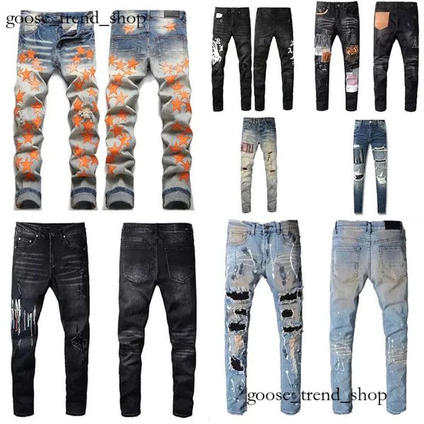 Designer Mens Jeans High Street Hole Star Patch Patch masculino Amirs Star Bordado Painel de calças Stretch Stretch Fit Fit