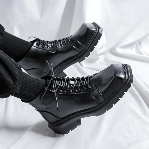 Botas masculinas moda couro genuíno marca designer sapatos dedo do pé quadrado punk hip hop vestido cowboy tornozelo bota legal plataforma botas masculinas