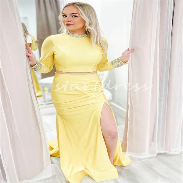 Elegante amarelo vestido de baile de duas peças com frisado sexy gola alta manga comprida vestido de noite com fenda feriado maxi festa formal vestido de aniversário para ocasiões especiais