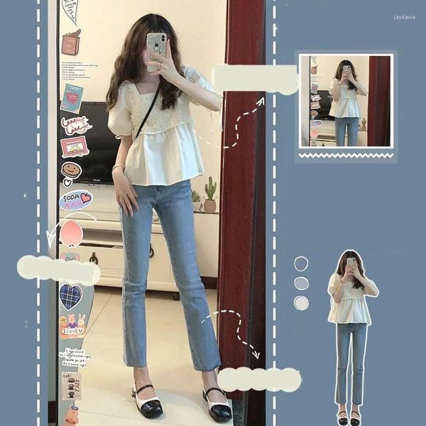 Pontas de duas peças femininas Casual Mulheres 2 roupas de manga curta Camiseta alta jeans de jeans