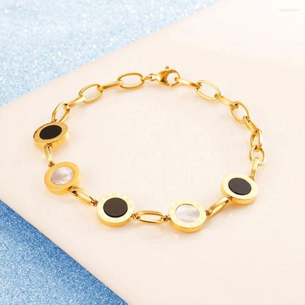 Bangle Pulseira Romana Cadeia de Aço Inoxidável Branco Seashell Pulseiras Digitais para Mulheres Simples Círculo Preto Jóias