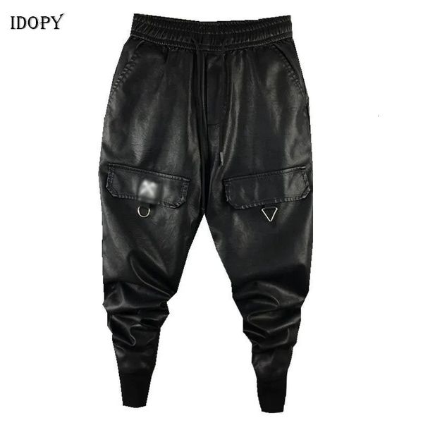 Idopy Pantaloni Harem da uomo in ecopelle con coulisse Vita elastica Street Style Hip Hop Pantaloni da jogging in pelle PU con risvolto alla caviglia Uomo 231228