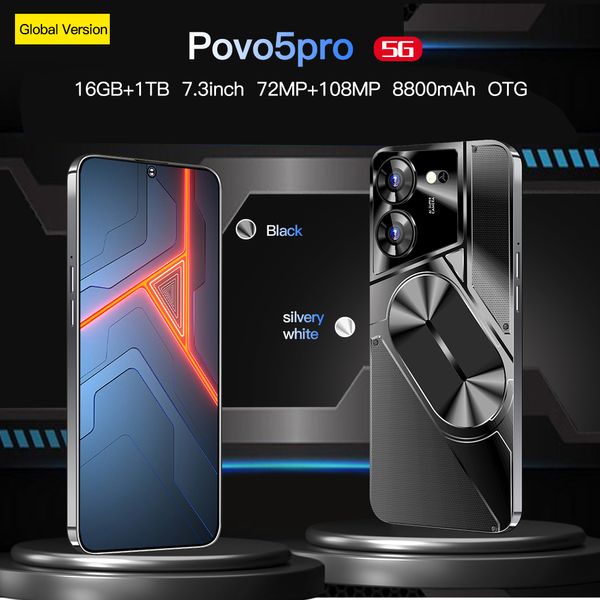 Глобальная версия мобильного телефона Povo5pro 2024 года. 7,3-дюймовый экран. Большая батарея 8800 мАч. Поддержка двух телефонных карт. Android 13. Поддержка OTG 72MP+108MP.