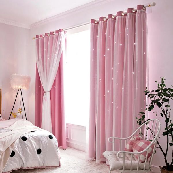 Hollow Star Curtain Fantasy Princess Style Lace Produto acabado de blecaute alto para varanda quarto quarto 231227