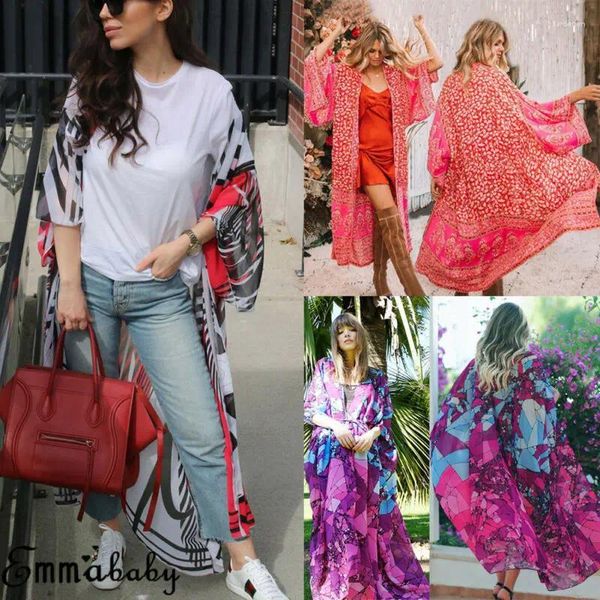 Casacos de Trench das Mulheres Moda Mulheres Floral Chiffon Boho Kimono Long Cardigan Beach Cover Up