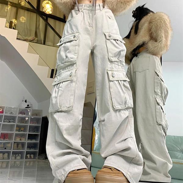 Jeans femininos 2024 Coreia Vintag Multi-bolso de macacão Y2K Street Hip-Hop Casual Casual Trend Trend Loose Line Leg Women '