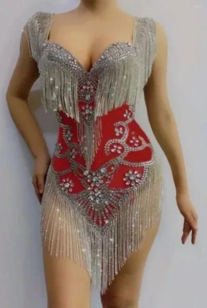 Palco desgaste brilhante prata strass franja transparente bodysuit mulheres dançarina mostrar comemorar outfit baile bar aniversário