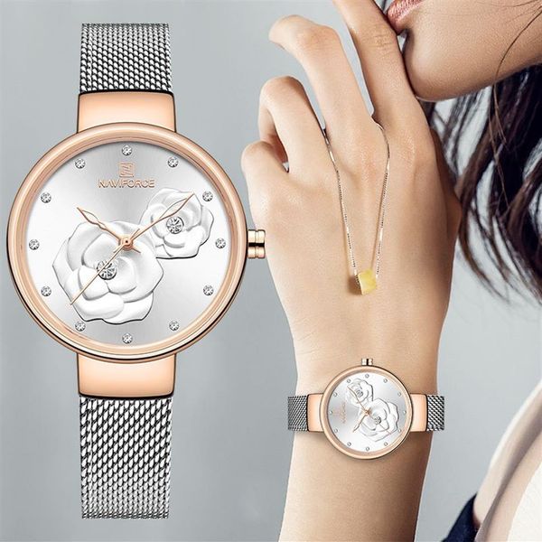 Relógio feminino naviforce topo marca de luxo malha aço à prova dwaterproof água senhoras relógios flor quartzo feminino relógio pulso encantador menina clock268l