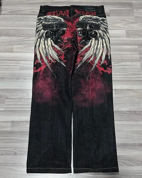 Gothic Y2 Baggy Jeans für Männer Übergroße Flügel Muster Tie Dye Schwarz Denim Hosen Hip Hop Harajuku Breite Bein Hosen Streetwear 231228