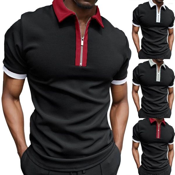 Camisetas masculinas de moda casual top blush zipper gole de gola curta tops de manga curta sólida camisa elegante camisetas retro estilo