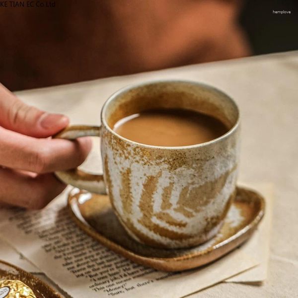 Tazze Tazza da caffè e piattino giapponese in ceramica fatta a mano, creativo, retrò, per la casa, latte pomeridiano, tazza da tè pomeridiano, latte per la colazione