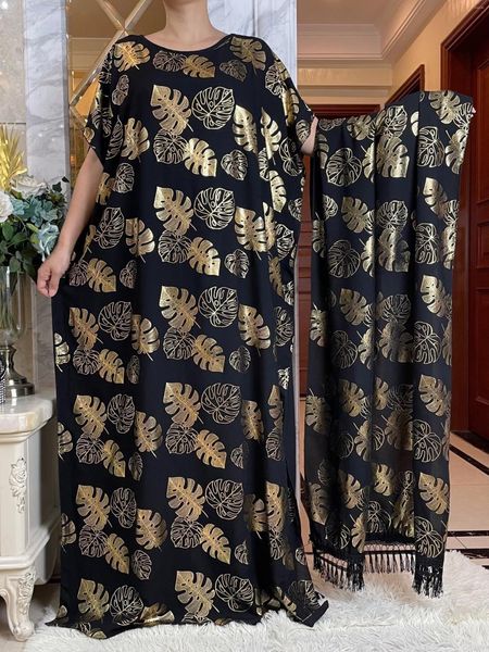 Vestido de verão étnico 2024frican feminino de verão com grande cachecol algodão abaya tolo de estampagem de ouro muçulmano femme maxi roupa casual