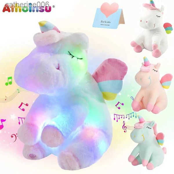 Animais de pelúcia de pelúcia Athoinsu arco-íris brinquedos de pelúcia animal macio música boneca de pelúcia colorido presente para meninas crianças aniversário LED DecorationL231228