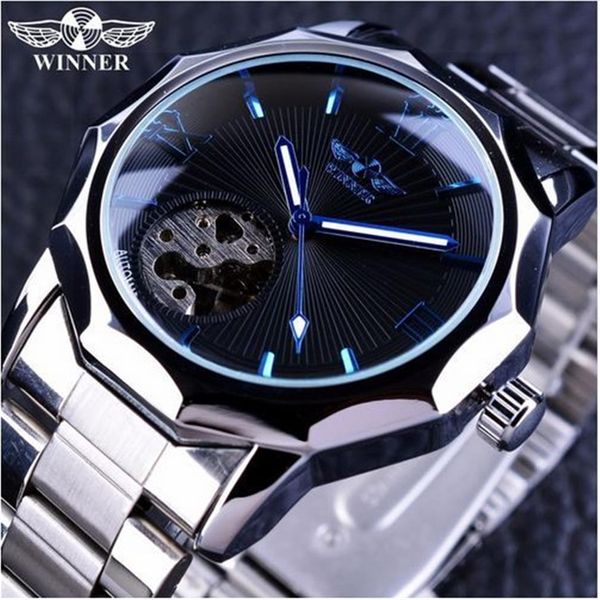 Vincitore Blue Ocean Geometry Design Acciaio inossidabile di lusso quadrante piccolo scheletro Orologi da uomo Orologio da polso automatico di lusso di marca superiore246S