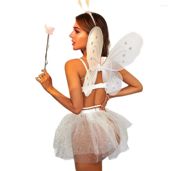 Vestidos de trabalho Gliter Butterfly Wing Fairy Party Mulheres de 5 peças de 5 peças tanques de renda Top Mesh Tutu Mini saia Cosplay Rave Festival Roupas