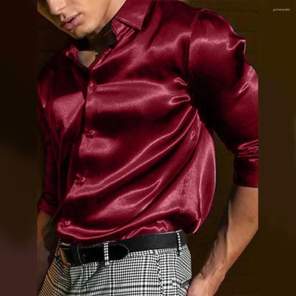 Camisas casuais masculinas Mens cetim vestido de seda camisa de manga comprida botão para baixo festa de casamento brilhante colarinho feriado diário discoteca