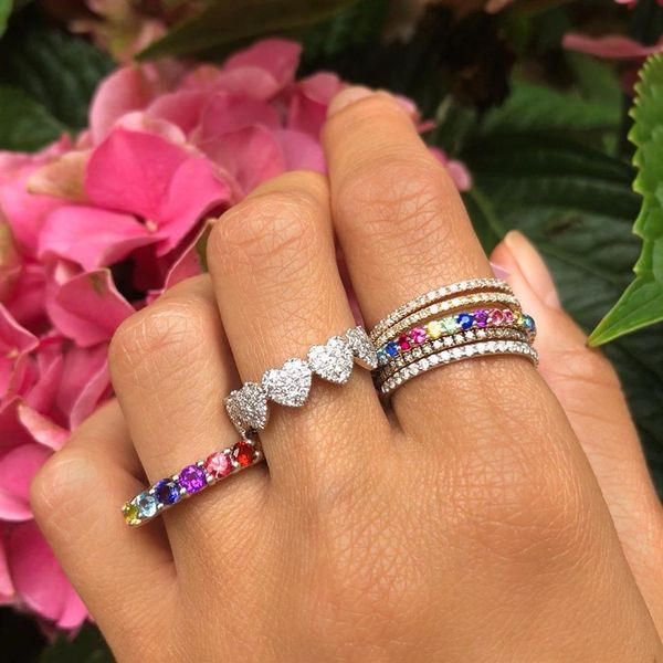 Rainbow CZ Eternity Band Ring Gold Bated 925 Sterling Silver Engagement Band colorful Multi Color Cz Stone Elegância Mulheres dedo 255E