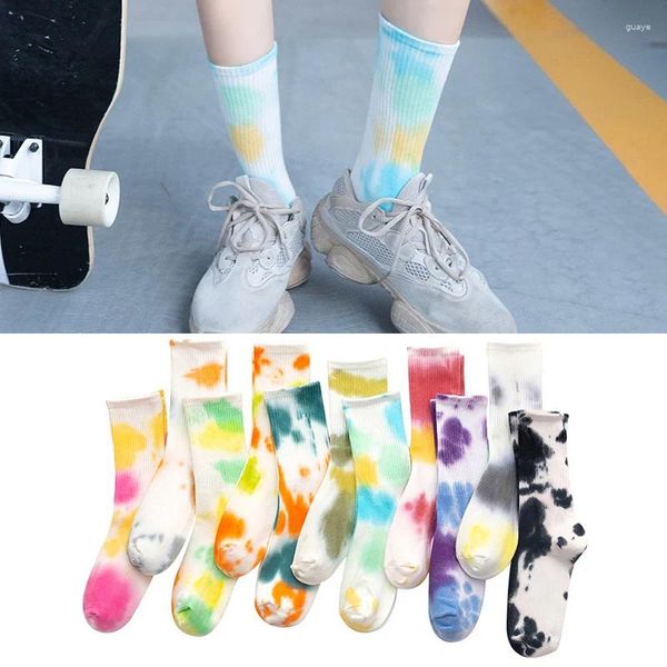 Meias femininas masculinas e tie-dye meias esportivas tendência de rua alta maré algodão basquete cor