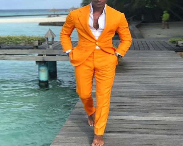 2019 Neueste Mantelhosen Designs Männer Orange Anzüge Hochzeitsanzug Kleider Slim Fit Bräutigam Männer Männlicher Smoking 2 Stück WL5683169