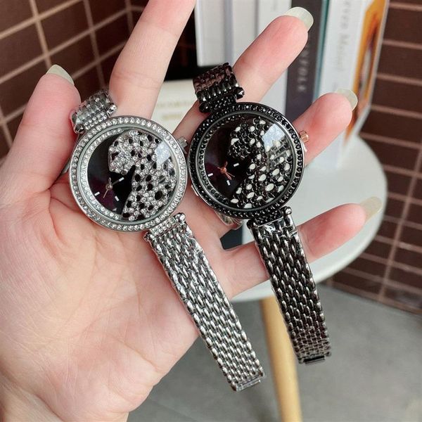 Marca de moda relógios feminino menina colorido cristal leopardo estilo aço banda metal bonito relógio de pulso c63278s