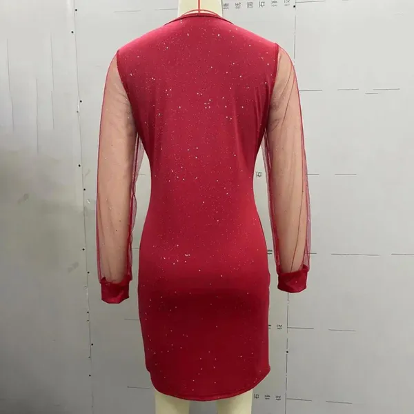 Lässige Kleiderscheide Kurzkleid Stilvolle Frauen V Neck Mesh Patchwork Paillistin Mini für Herbst Feder Reißverschluss