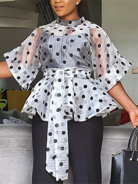 Mulheres Blusas Brancas Polka Dot Peplum Ver Através Sexy Fino Transparente Meia Flare Mangas Cinto Tops Camisa Moda Bluas 231228