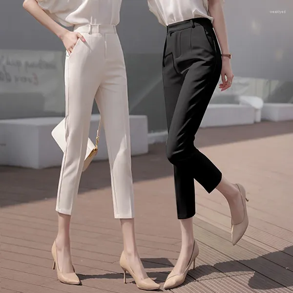 Женские брюки бежевого цвета с высокой талией, летние облегающие прямые брюки для похудения длиной до щиколотки, небольшой профессиональный костюм для сигарет