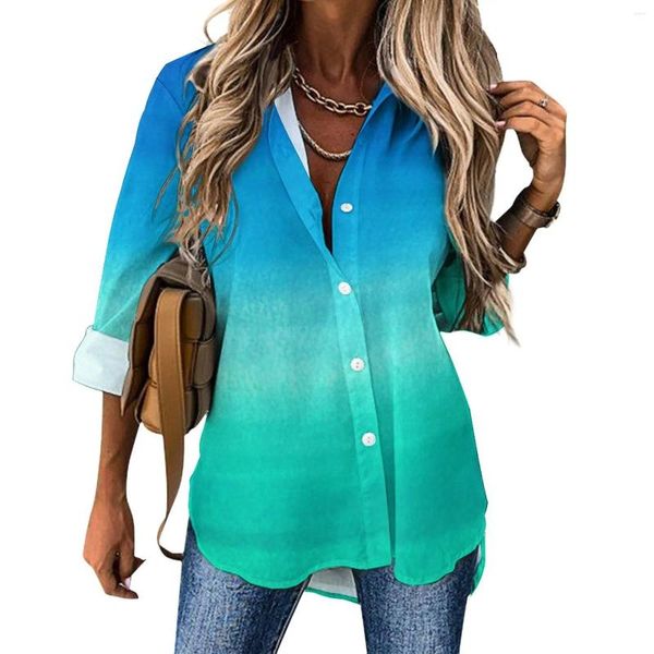 Женские блузки сине-зеленая блузка женская акварель неоновый океан уличная одежда свободные осенние элегантные рубашки с длинными рукавами топ с графическим рисунком