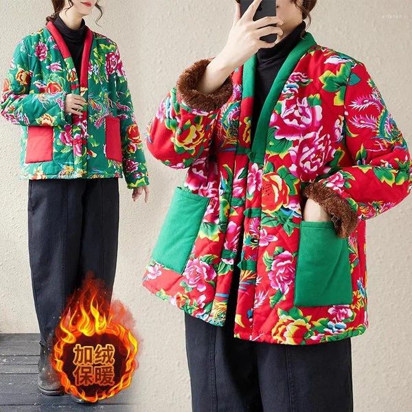 Casacos de Trench das Mulheres 2023 Inverno Estilo Chinês Flor Jaqueta de Algodão Cor Contraste Emendado Tamanho Grande Espessado Versátil Casaco de Pelúcia Z4071