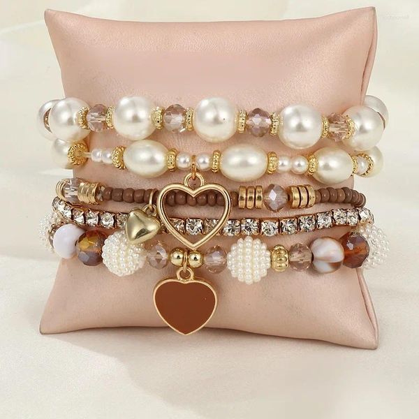 Bracciale con perline in filo di perle di cristallo Originalità lavorato a mano a maglia a forma di cuore Boemia con marea regolabile Set semplice di perline di riso