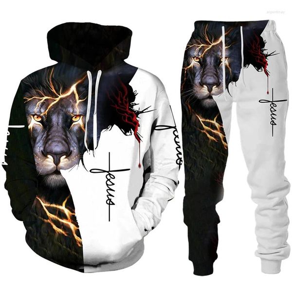 Herren Trainingsanzüge Cross Lion 3D-Druck Hoodie/Anzug Lässige Männer Frauen Sweatshirt Hosen Set Jesus Love Everyone Christliche Streetwear-Kleidung