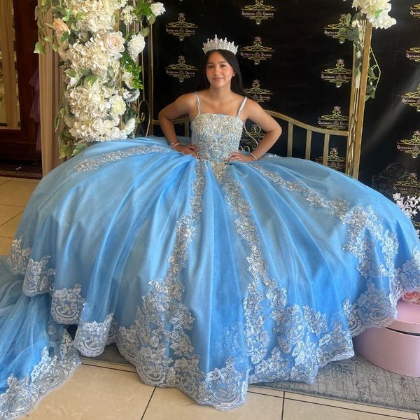 Небесно-голубое сексуальное бальное платье на тонких бретельках Quinceanera Dress 2024 Кружевные аппликации Vestidos De 16 Quinceanera Vestidos 15 De Anos