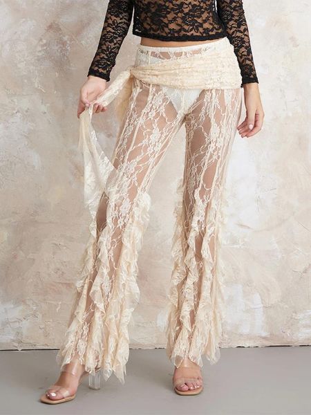 Pantaloni da donna Donne sexy in pizzo floreale a bassa ascesa cavità mesh a trasparente attraverso i leggings di campane leggings da festa per feste