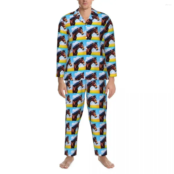 Erkekler Placowear Komik At Sonbahar Hayvan Baskı Vintage Büyük Boy Pijama Setleri Erkek Uzun Kollu Sevimli Günlük Desen Nightwear
