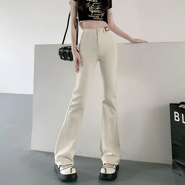 2024 Женские модные расклешенные эластичные джинсы, белые узкие брюки-клеш с высокой талией, женские длинные брюки из мягкого денима 231228
