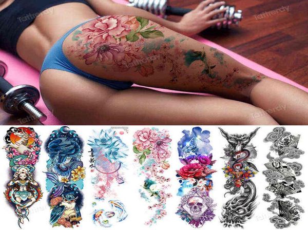 Tatuagem falsa sexy para mulher, tatuagens temporárias à prova d'água, pernas grandes, coxa, corpo, adesivos de tatuagem, peônia, flores de lótus, peixe, dragão Y11256284937