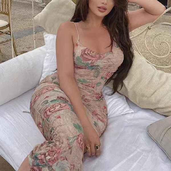 Sıradan Elbiseler 2023 Kolsuz Baskı Boho Kadınlar İçin Yaz Süren Elbise Seksi V yaka Kırmızı Çiçek Sarı Sundress Vintage Fransız Tarzı